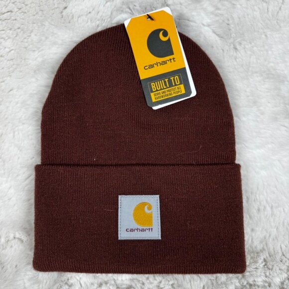 Carhartt One Size Unisex Knit Cuffed Beanie Cap Brown A18 Workwear New NWT - Picture 1 of 5